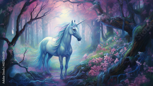 A mystical forest inhabited by enchanting unicorns with gleaming horns and ethereal beauty