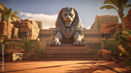 A powerful and regal sphinx statue guarding the entrance to an ancient temple