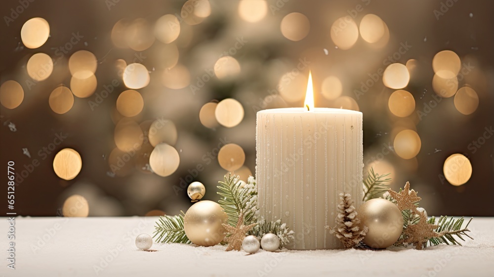 a lit candle surrounded by ornaments and a christmas tree in the background. generative ai a lit candle surrounded by ornaments and a christmas tree in the background. generative ai