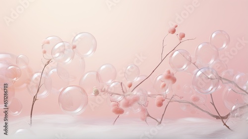  a bunch of bubbles floating on top of a branch with a pink background. generative ai