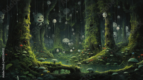 A mystical forest inhabited by nimble and mischievous forest spirits known as the kodama