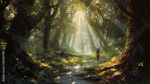 A mythical forest where a wood nymph dances under the dappled sunlight filtering through the trees photo