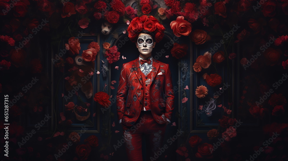 photo portrait of male model zombie with painted skull face red flowers celebrate day of the death dark background