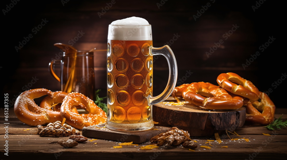 Arrangement of bavarian snacks on a table dark background mugs of beer Arrangement of bavarian snacks on a table dark background mugs of beer