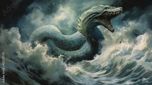 An awe-inspiring illustration of a sea serpent, with a serpentine body rising dramatically from the depths of a stormy sea