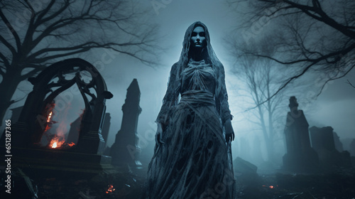 A haunting and ethereal image of a banshee, a spectral figure known for her eerie wails, in a misty graveyard under a full moon