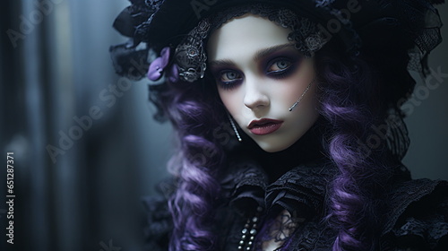 gothic girl in dark purple makeup doll face model halloween banner