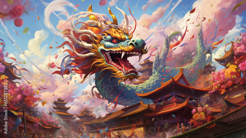 A captivating and colorful portrayal of a Chinese dragon soaring high above a traditional temple during a festive parade