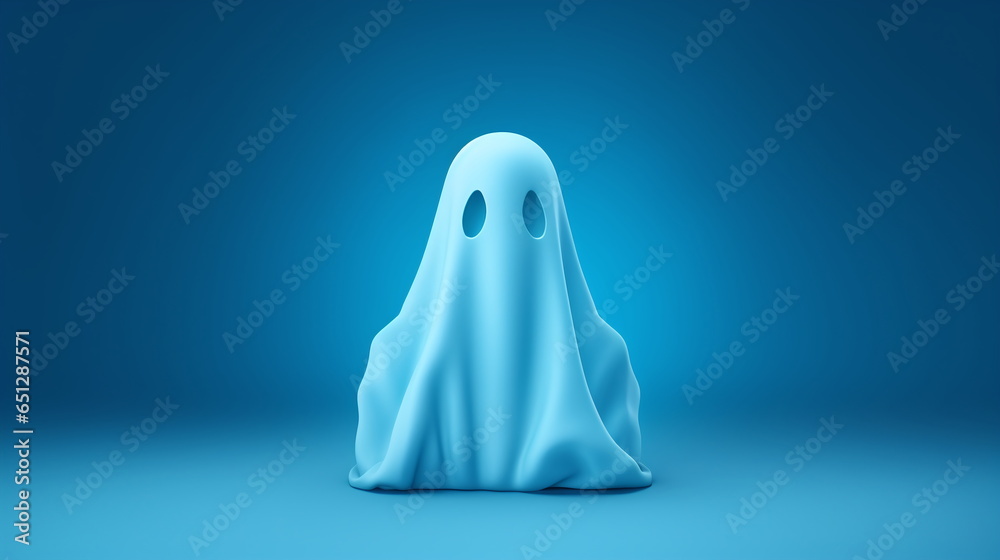 cute ghost 3d rendered blue background with copy space material halloween