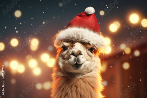 Alpaca in Christmas hat interacts with glowing Christmas lights, portraying the magic of season. © NikonLamp