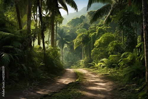 Tropical forest with palm trees and dirt road