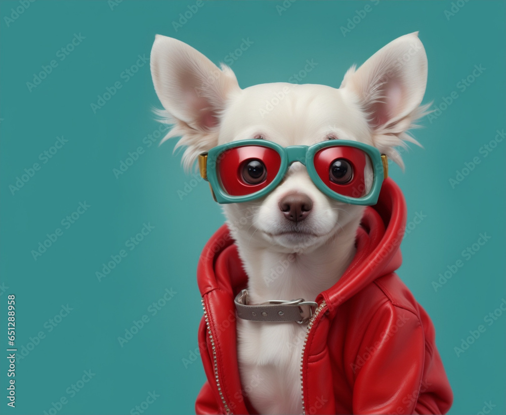 Artificially Generated White Chihuahua in Leather Jacket – Isolated Background