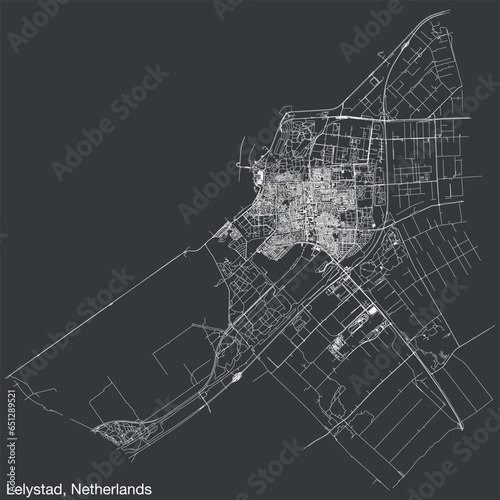 Detailed hand-drawn navigational urban street roads map of the Dutch city of LELYSTAD, NETHERLANDS with solid road lines and name tag on vintage background