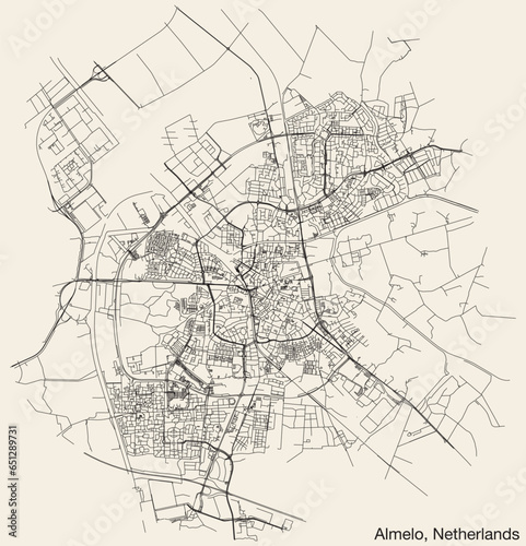 Detailed hand-drawn navigational urban street roads map of the Dutch city of ALMELO, NETHERLANDS with solid road lines and name tag on vintage background