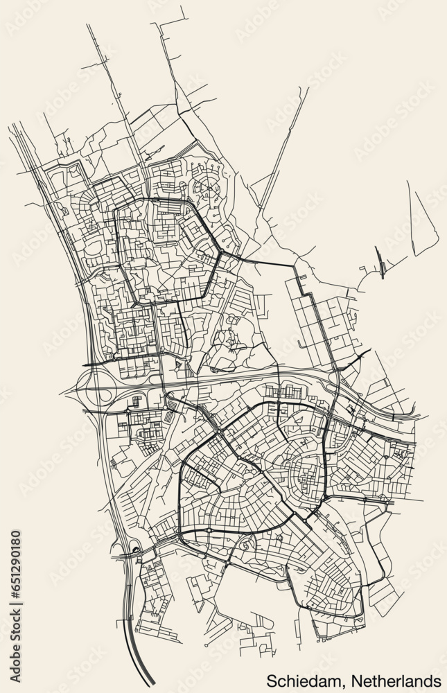 Fototapeta premium Detailed hand-drawn navigational urban street roads map of the Dutch city of SCHIEDAM, NETHERLANDS with solid road lines and name tag on vintage background
