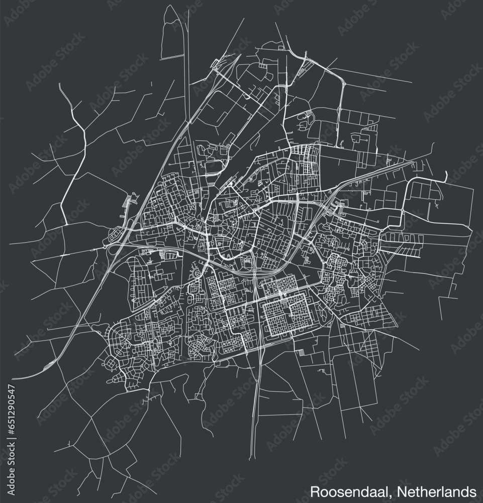 Detailed hand-drawn navigational urban street roads map of the Dutch city of ROOSENDAAL, NETHERLANDS with solid road lines and name tag on vintage background