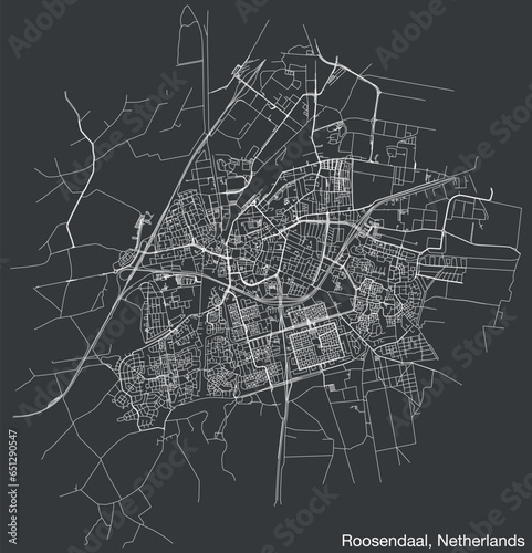 Detailed hand-drawn navigational urban street roads map of the Dutch city of ROOSENDAAL, NETHERLANDS with solid road lines and name tag on vintage background