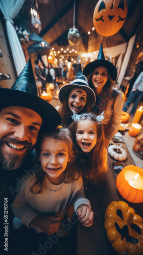 Family with Halloween costumes taking a selfie on a party
