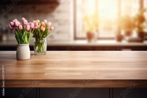 Wooden table top on blur kitchen room background