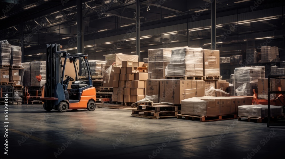 Busy Warehouse Scene with Box Storage, Building, and Logistics Professionals. Efficient warehouse with organized shelves, boxes, and logistics operations