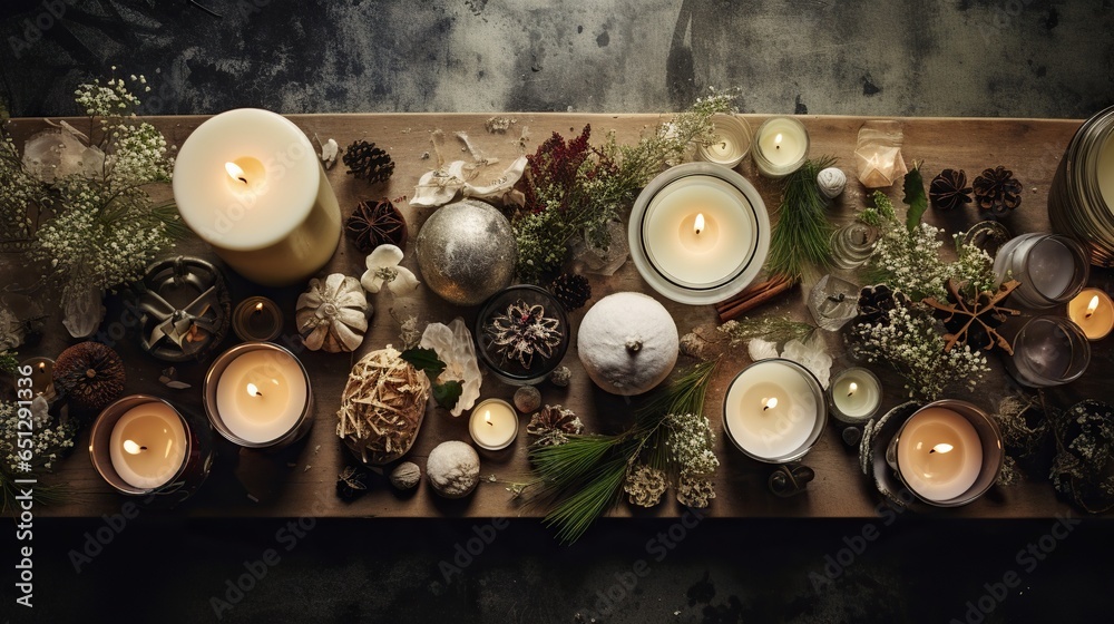  a wooden table topped with candles and other items on top of it.  generative ai