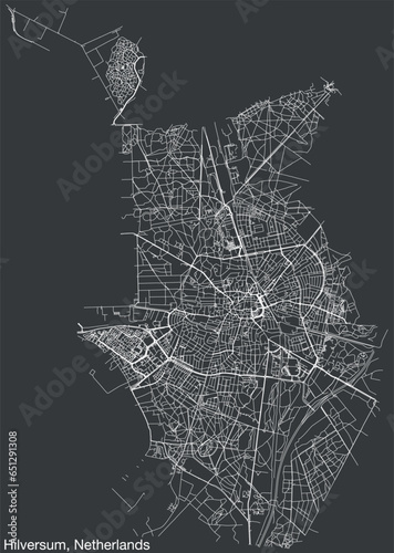 Detailed hand-drawn navigational urban street roads map of the Dutch city of HILVERSUM, NETHERLANDS with solid road lines and name tag on vintage background