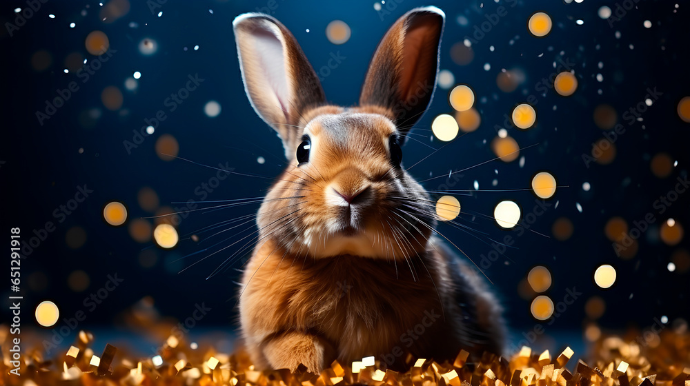 Lucky rabbit on a blue background of glitter or gold papers Lucky rabbit on a blue background of glitter or gold papers