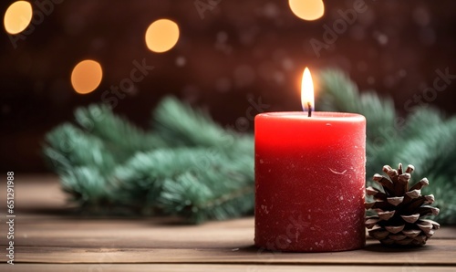 Burning red Christmas candle on the table. Christmas tree branches and a pine cone on a wooden table. © Honey Bear
