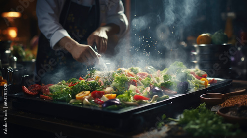 Chef cook preparing vegetables in his kitchen