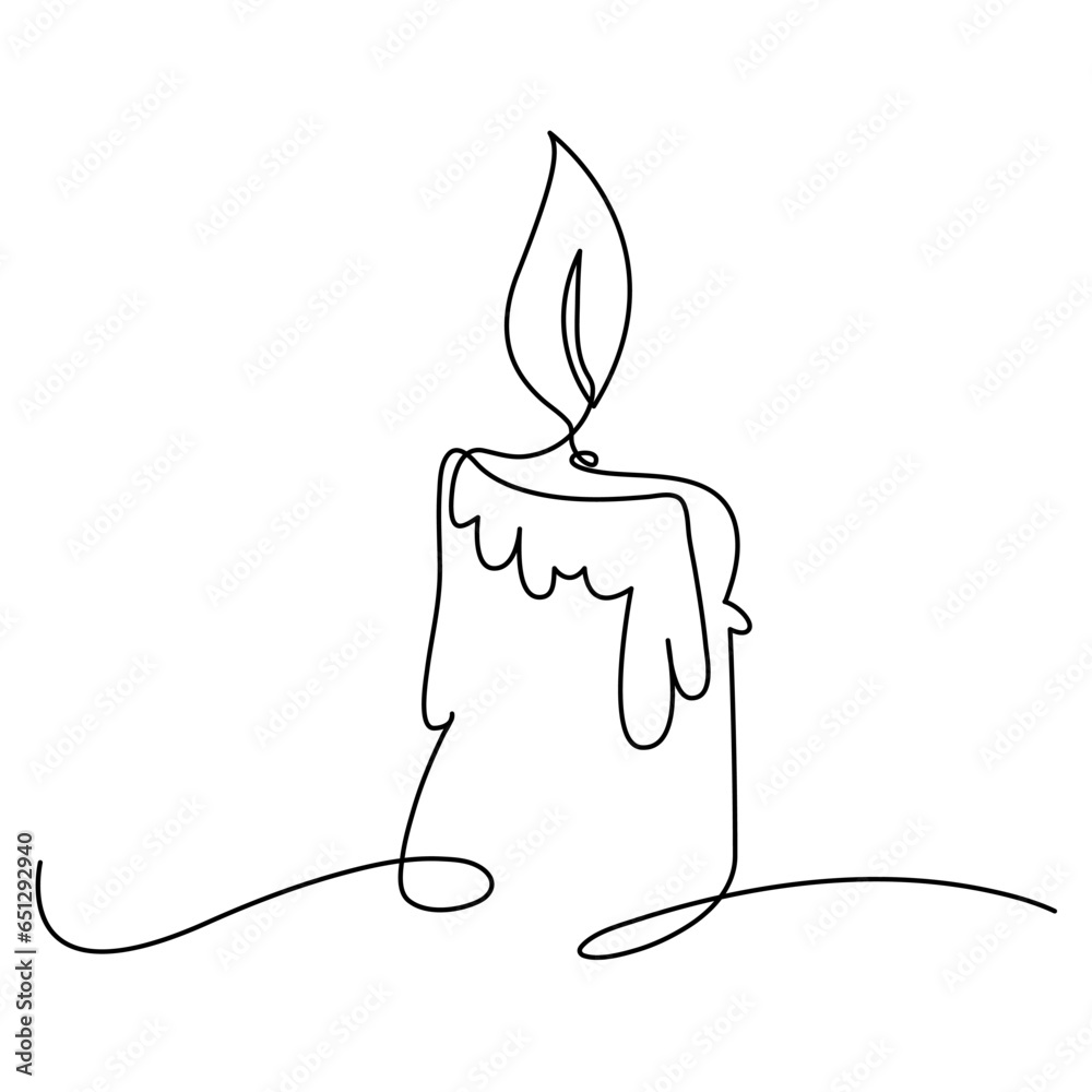 One continuous line drawing of candle lighted and Burning fire and melting candle Light in the dark black outline Vector illustration design