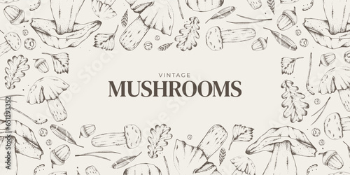 Vector illustration. Sketches of forest plants. Graphic horizontal banner made of porcini  branches  leaves. Mushrooms. For menu design  labels  product packaging