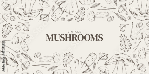 Vector illustration. Sketches of forest plants. Graphic horizontal banner made of porcini, branches, leaves. Mushrooms. For menu design, labels, product packaging