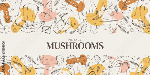 Sketch of forest plants. Mushrooms. Graphic horizontal banner made of porcini, branches, leaves. Vector illustration for menu design, labels, product packaging