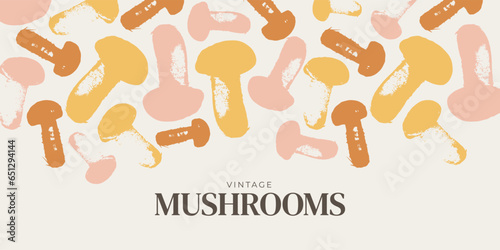 Graphic horizontal banner of edible mushrooms in the shape of spots. Forest plants. Abstract vector in flat style. For menu design, covers, backgrounds, packaging
