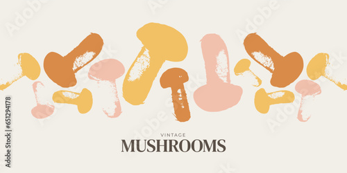 Abstract vector illustration of edible mushrooms. Graphic horizontal banner made of porcini in the shape of spots. Flat style. For menu design, covers, backgrounds, packaging