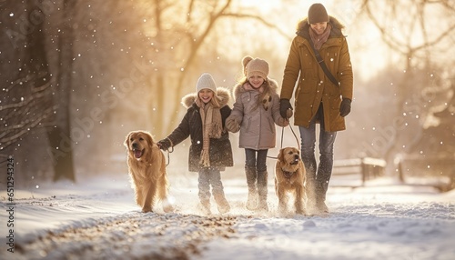 family walking in winter park photo