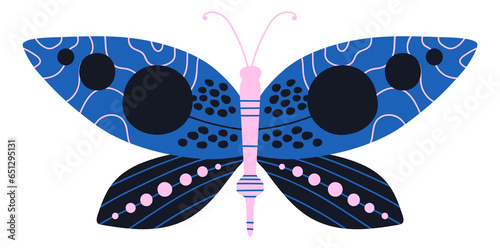 Dark butterfly. Decorative moth print with geometric ornament