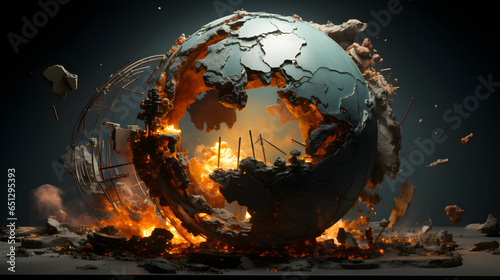 a globe that breaks or disintegrates from overuse. concept of environmental destruction photo