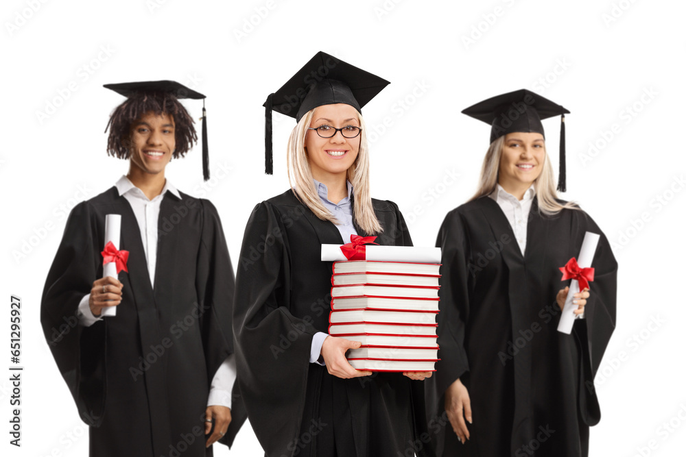 Group of graduates with books and diplomas Group of graduates with books and diplomas
