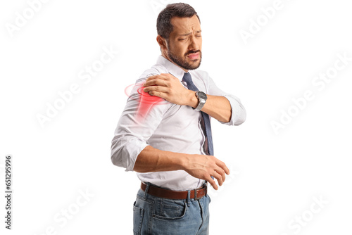 Businessman with pain in the shoulder, red inflamed zone indicated