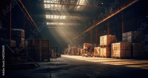 Busy Distribution Warehouse with Large Group of Objects in an Indoor Shipping and Logistics Room. Distribution warehouse with neatly stacked cardboard boxes for shipping and logistics photo