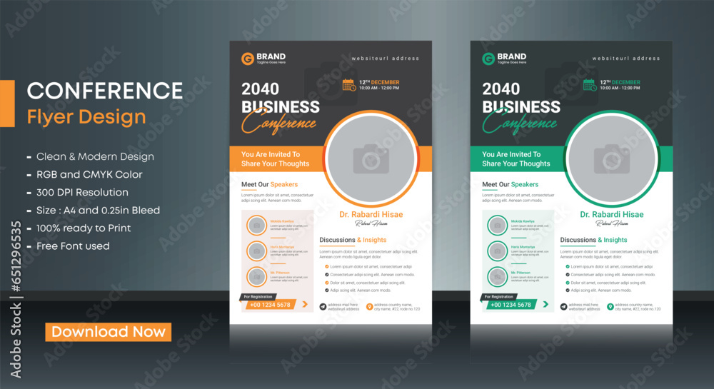 Conference business flyer vector design template. Design template Geometric shape used for business flyer layout. Conference flyer, Business flyer, and leaflet. Flyer in A4 with Bleed - obrazy, fototapety, plakaty 