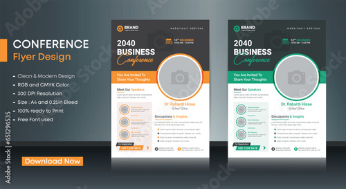 Conference business flyer vector design template. Design template Geometric shape used for business flyer layout. Conference flyer, Business flyer, and leaflet. Flyer in A4 with Bleed
