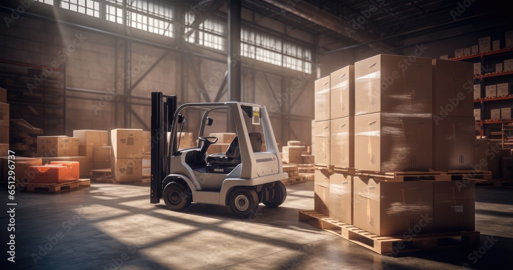 Efficient Warehouse Logistics with Forklift Transportation. Busy warehouse with forklifts and containers, showcasing efficient logistics and transportation