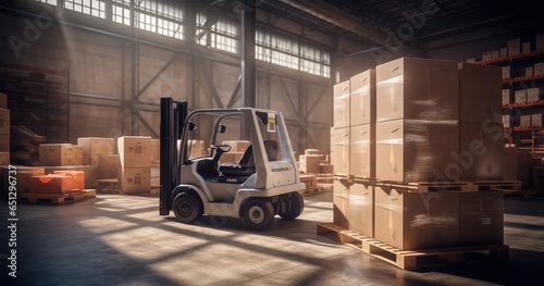 Efficient Warehouse Logistics with Forklift Transportation. Busy warehouse with forklifts and containers, showcasing efficient logistics and transportation