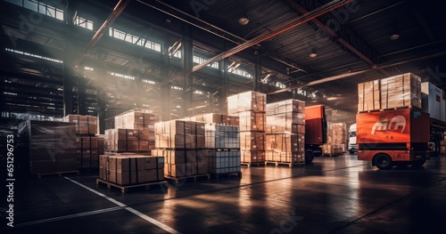 Busy Distribution Warehouse with Large Group of Objects in an Indoor Shipping and Logistics Room. Distribution warehouse with neatly stacked cardboard boxes for shipping and logistics photo