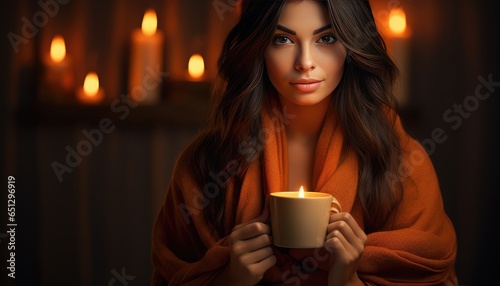 Beautiful Woman Enjoying a Cup of Hot Beverage at Night. Stylish young woman enjoying a drink at night with long hair