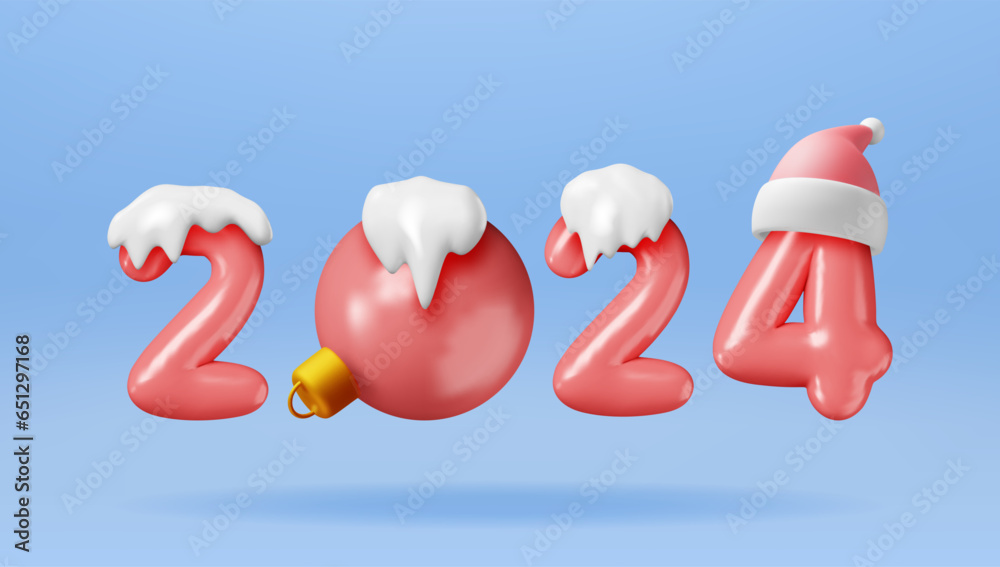 3d Red Balloon 2024 New Year Symbol Isolated. Render Red 2024 Number