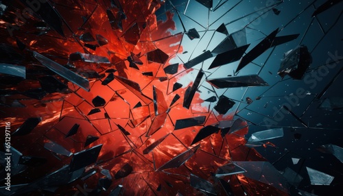 Photo of a shattered glass wall illuminated with red and blue lights
