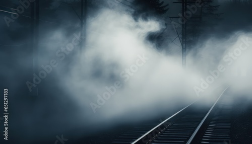 Photo of a steam train on a foggy railway track